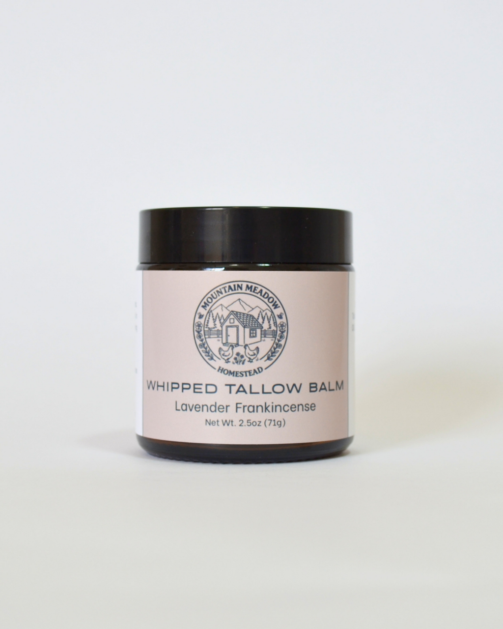 Lavender Frankincense Whipped Tallow Balm Front View. Amber Jar with black lid and  light brown label