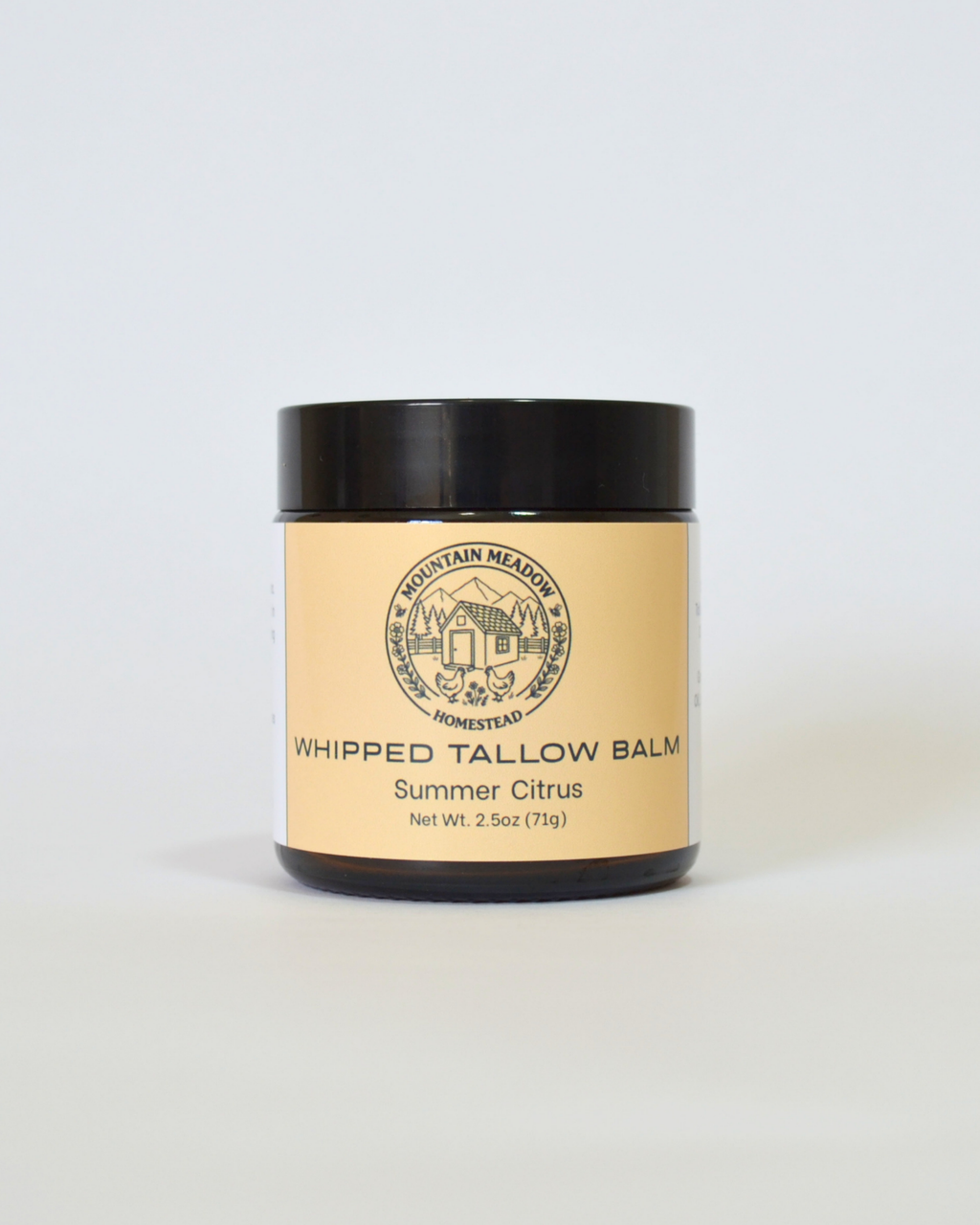 Summer Citrus Whipped Tallow Balm Front View. Amber Jar with black lid and yellow label