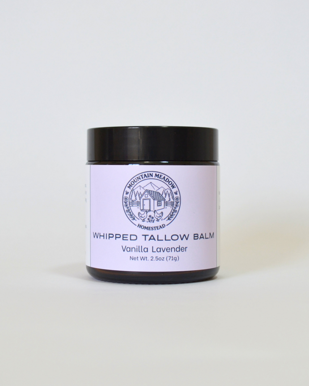Vanilla Lavender Whipped Tallow Balm Front View. Amber Jar with black lid and  light Purple label