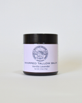 Vanilla Lavender Whipped Tallow Balm Front View. Amber Jar with black lid and  light Purple label