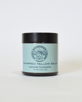Lavender Eucalyptus Whipped Tallow Balm Front View. Amber Jar with black lid and light green label