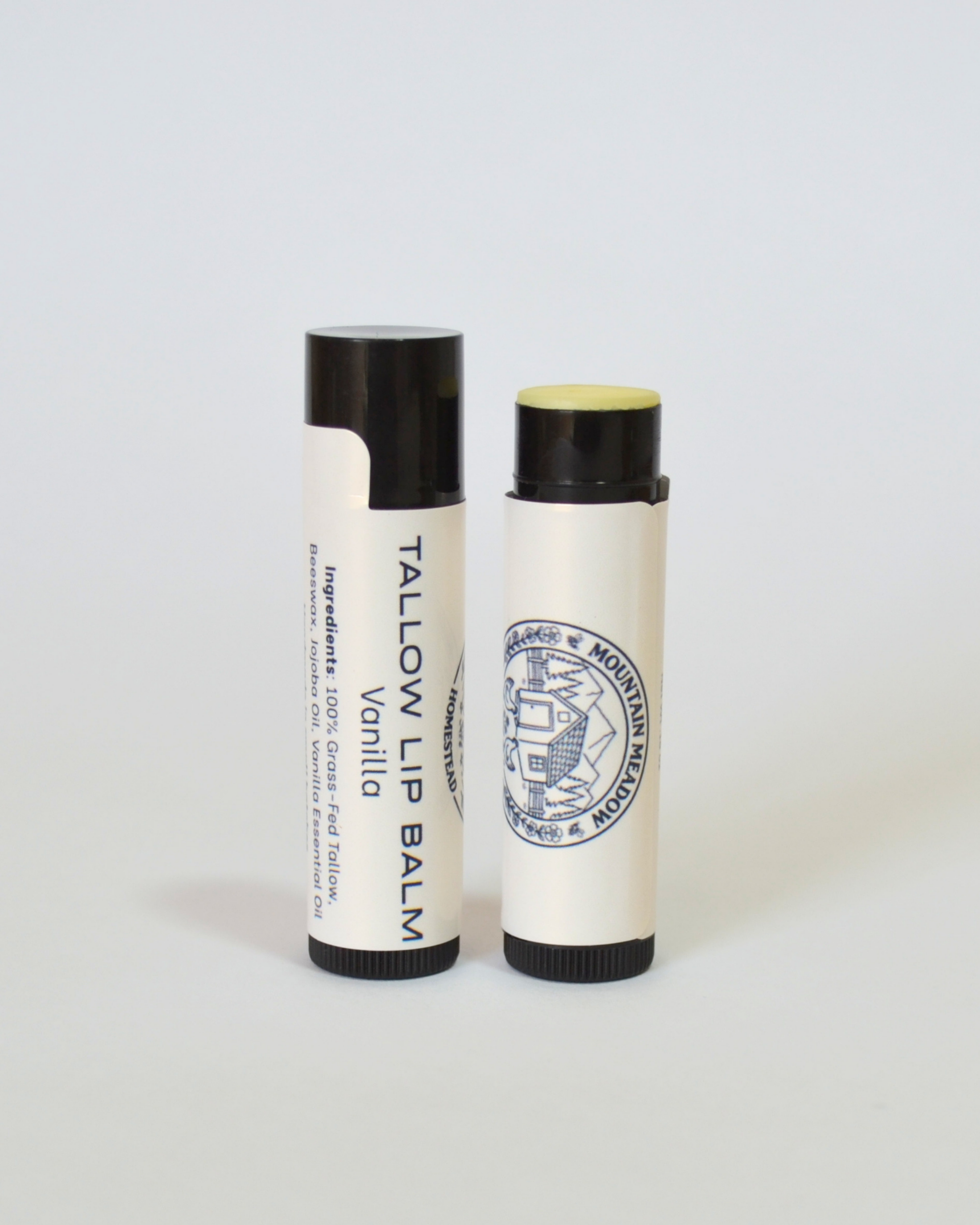 Two lip balms on a white background. Vanilla Tallow Lip Balm