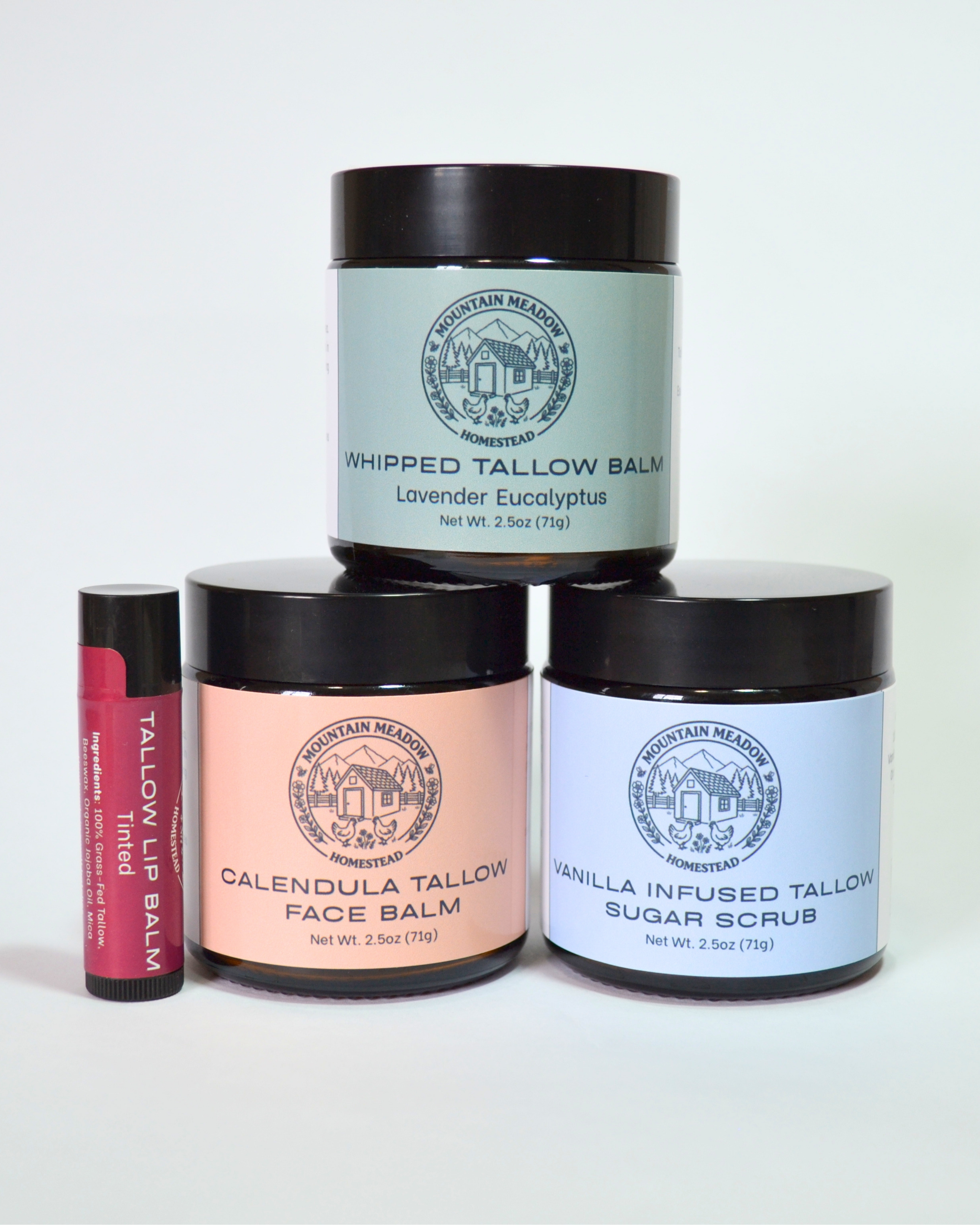 Lavender Eucalyptus Whipped Tallow Balm, Calendula Tallow Face Balm, and Vanilla infused Tallow Sugar Scrub and Tinted Tallow Lip Balm