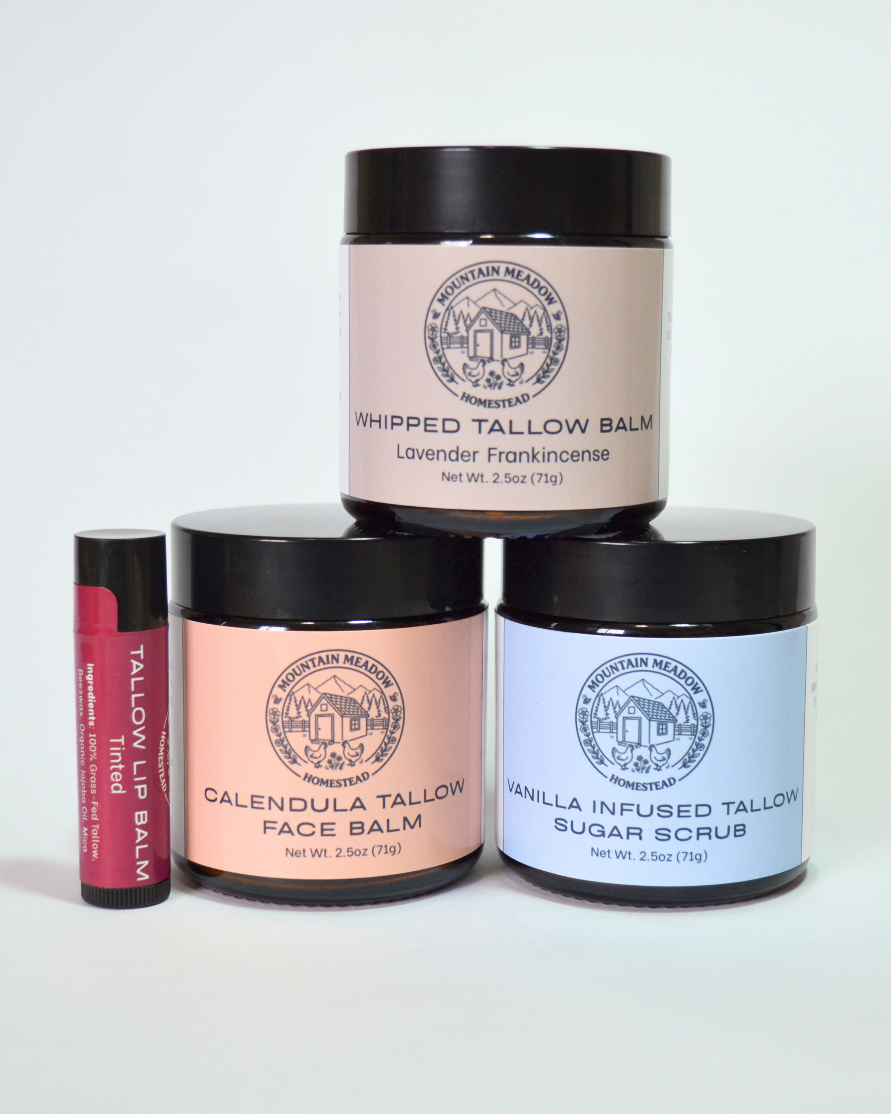 Lavender Frankincense Whipped Tallow Balm, Calendula Tallow Face Balm, and Vanilla infused Tallow Sugar Scrub and Tinted Tallow Lip Balm
