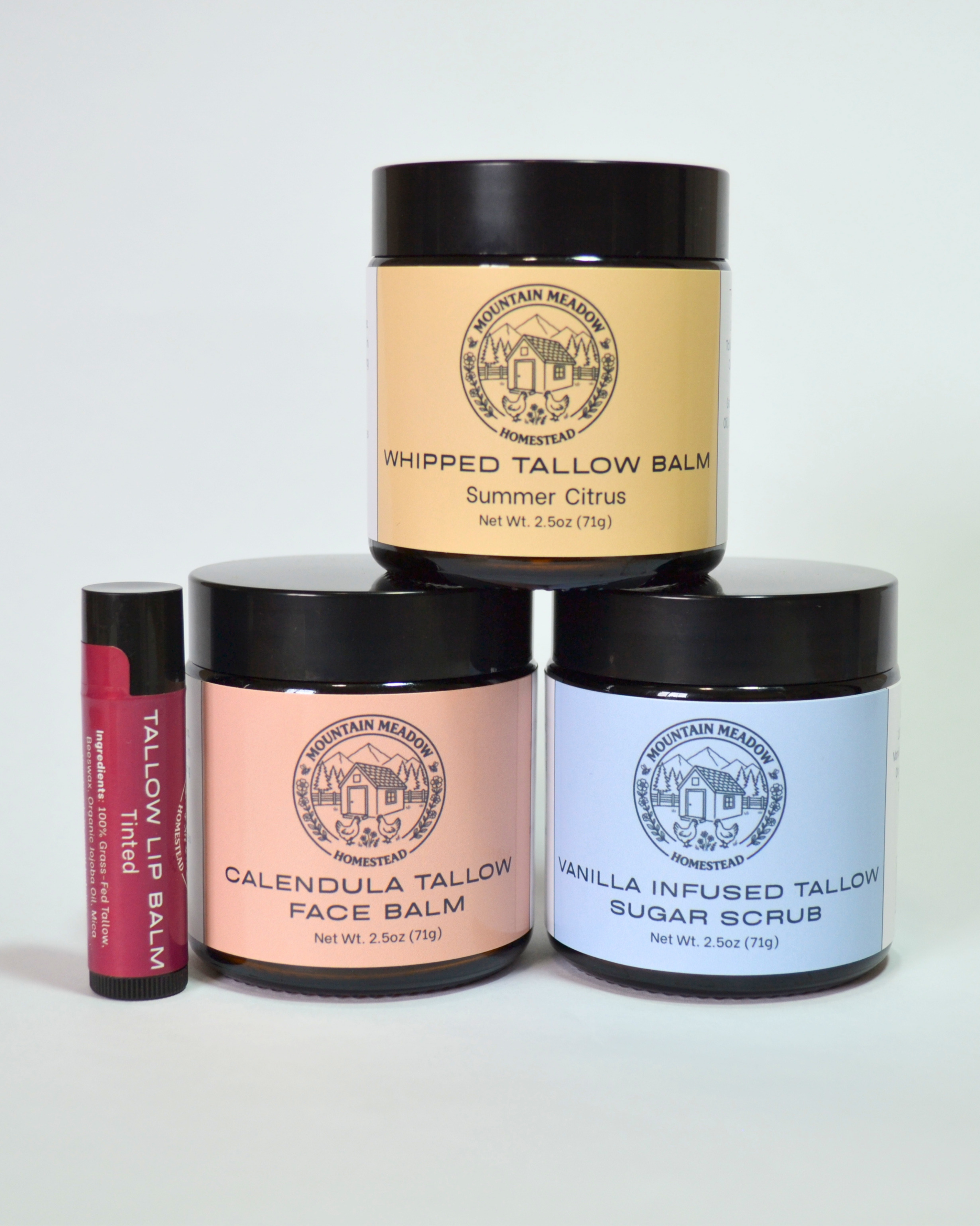 Summer Citrus Whipped Tallow Balm, Calendula Tallow Face Balm, and Vanilla infused Tallow Sugar Scrub and Tinted Tallow Lip Balm
