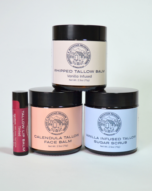 Vanilla Infused Whipped Tallow Balm, Calendula Tallow Face Balm, and Vanilla infused Tallow Sugar Scrub and Tinted Tallow Lip Balm