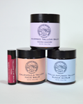 Vanilla Lavender Whipped Tallow Balm, Calendula Tallow Face Balm, and Vanilla infused Tallow Sugar Scrub and Tinted Tallow Lip Balm